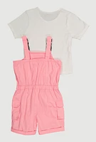 Girls Release Buckle Strap Cargo Romper with Top, Pink, Size 7-8