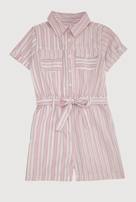 Girls Striped Button Front Romper, Pink, Size 10-12