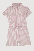 Girls Striped Button Front Romper, Pink, Size 10-12