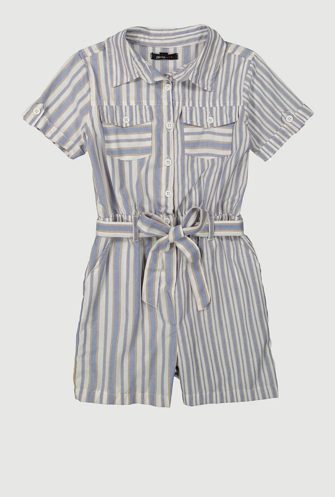 Girls Striped Button Front Romper, Blue, Size 7-8