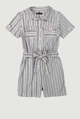 Girls Striped Button Front Romper, Blue, Size 7-8