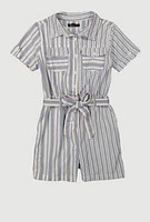 Girls Striped Button Front Romper, Blue, Size 7-8