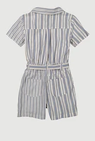 Girls Striped Button Front Romper, Blue, Size 7-8