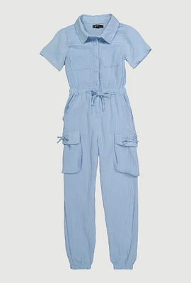 Girls Gauze Knit Utility Jumpsuit, Blue,