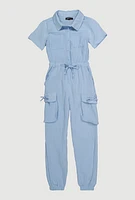 Girls Gauze Knit Utility Jumpsuit, Blue,