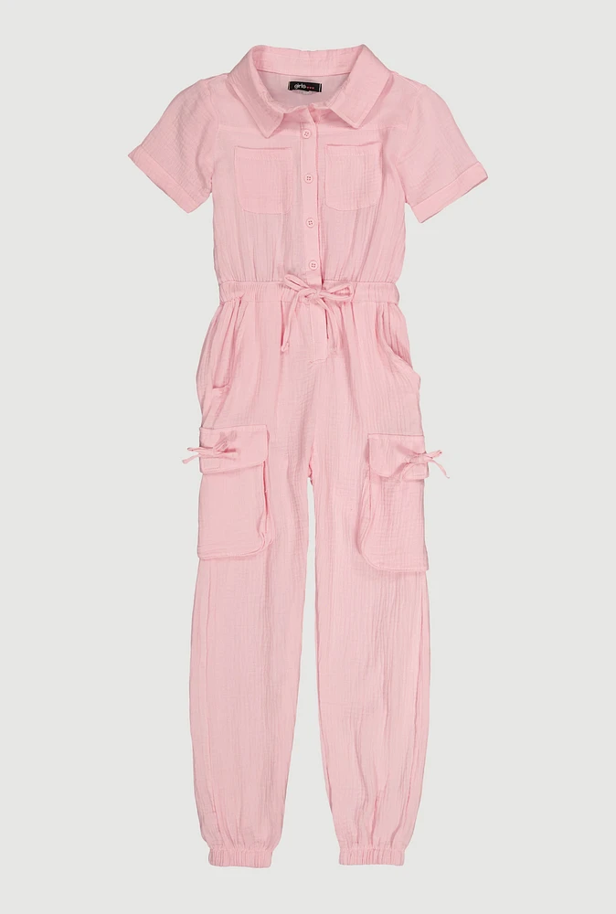 Girls Gauze Knit Utility Jumpsuit, Pink, Size 10-12