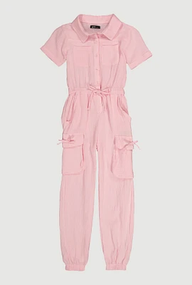 Girls Gauze Knit Utility Jumpsuit, Pink, Size 10-12