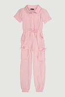 Girls Gauze Knit Utility Jumpsuit, Pink, Size 10-12