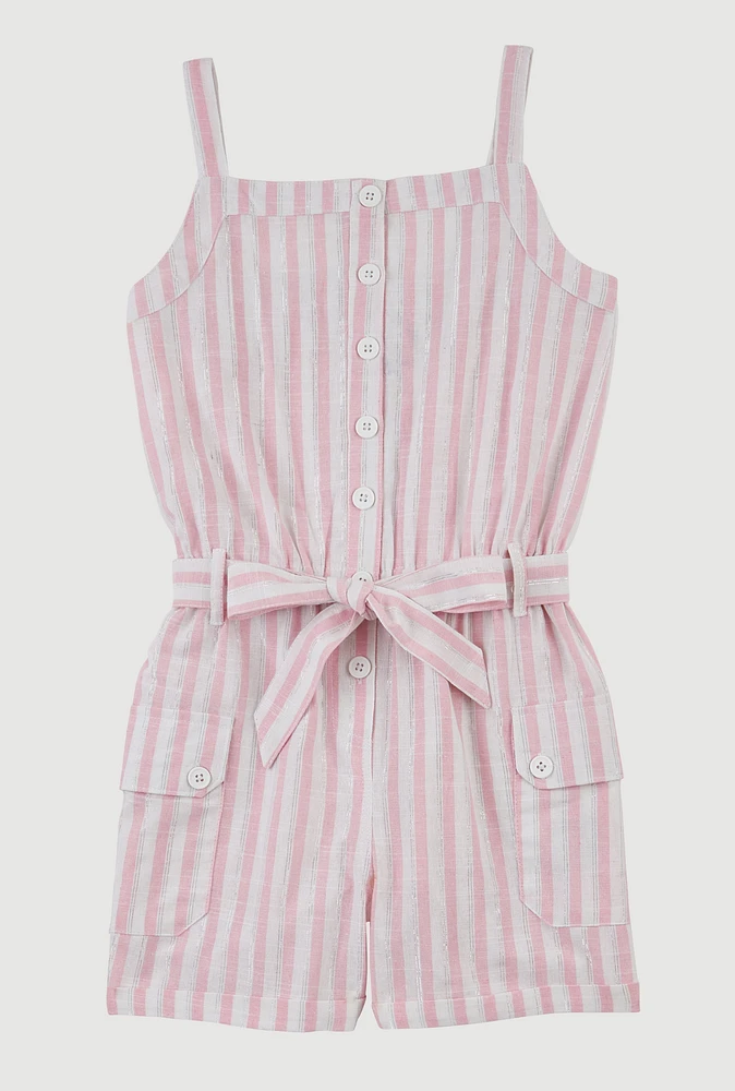 Girls Striped Cargo Pocket Romper, Pink, Size 14-16