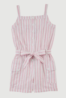 Girls Striped Cargo Pocket Romper, Pink, Size 14-16