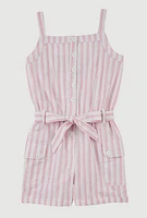 Girls Striped Cargo Pocket Romper, Pink, Size 14-16