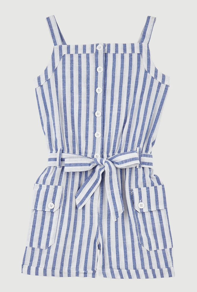 Girls Striped Cargo Pocket Romper, Blue, Size 10-12