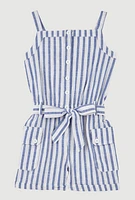 Girls Striped Cargo Pocket Romper, Blue, Size 10-12