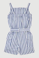 Girls Striped Cargo Pocket Romper, Blue, Size 10-12