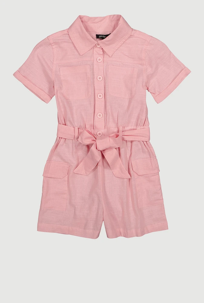 Girls Tie Waist Belted Utility Romper, Pink, Size 14-16