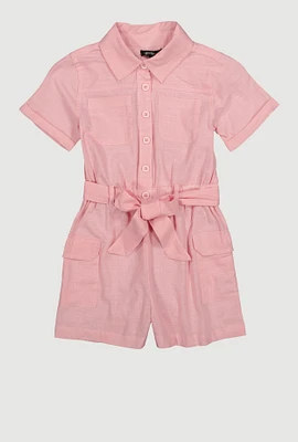 Girls Tie Waist Belted Utility Romper, Pink, Size 14-16