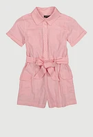 Girls Tie Waist Belted Utility Romper, Pink, Size 14-16