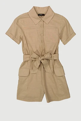 Girls Tie Waist Belted Utility Romper, Khaki, Size 14-16