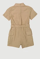 Girls Tie Waist Belted Utility Romper, Khaki, Size 14-16