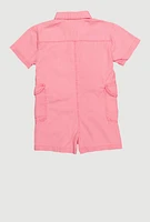 Girls Button Front Utility Romper, Pink,
