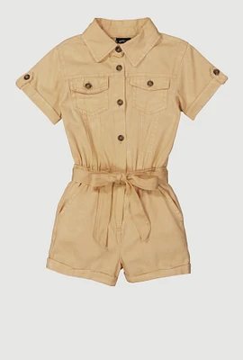 Girls Tie Waist Belted Utility Cargo Romper, Beige, Size 7-8