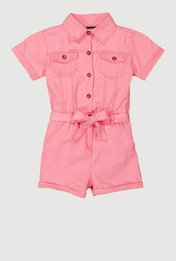 Girls Tie Waist Belted Utility Cargo Romper, Pink, Size 14-16