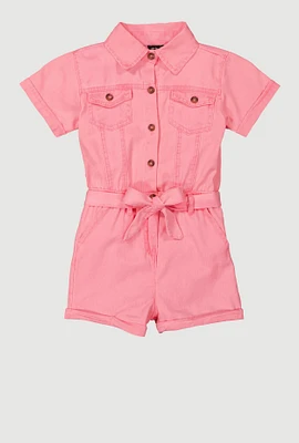 Girls Tie Waist Belted Utility Cargo Romper, Pink, Size 14-16