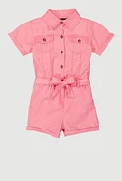 Girls Tie Waist Belted Utility Cargo Romper, Pink, Size 14-16