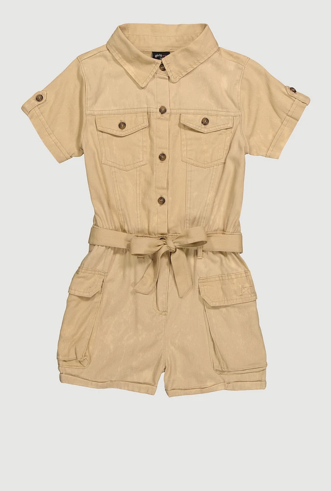 Girls Twill Tie Waist Belted Utility Romper, Beige, Size 7-8