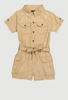 Girls Twill Tie Waist Belted Utility Romper, Beige, Size 7-8