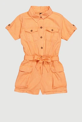 Girls Twill Tie Waist Belted Utility Romper, Orange, Size 10-12