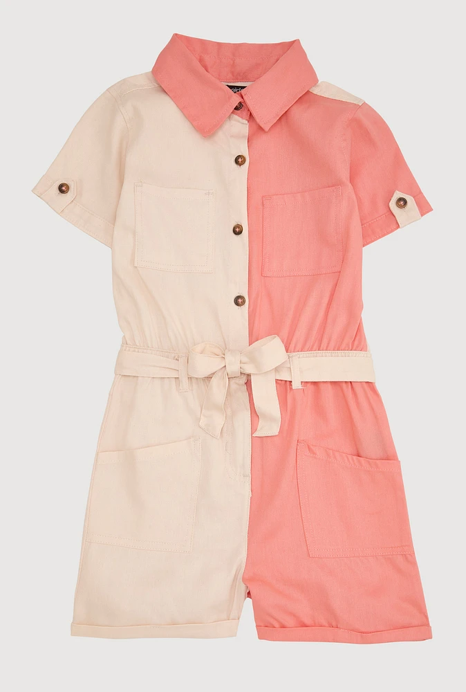 Girls Color Block Tie Waist Belted Romper, Multi,