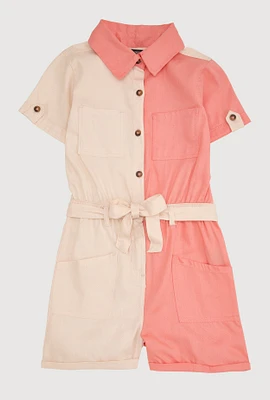 Girls Color Block Tie Waist Belted Romper, Multi,