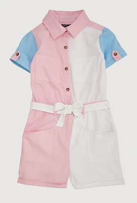 Girls Color Block Tie Waist Belted Romper, Multi, Size 10-12
