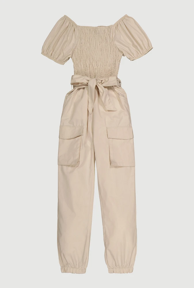Girls Puff Sleeve Cargo Jumpsuit, Khaki, Size 7-8