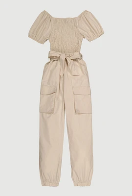 Girls Puff Sleeve Cargo Jumpsuit, Khaki, Size 7-8