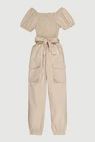Girls Puff Sleeve Cargo Jumpsuit, Khaki, Size 7-8