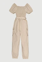 Girls Puff Sleeve Cargo Jumpsuit, Khaki, Size 7-8