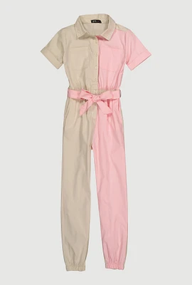 Girls Color Blocked Short Sleeve Jumpsuit,