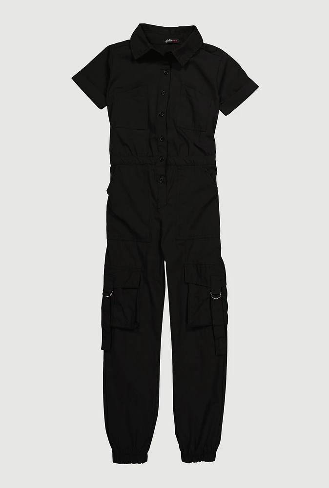 Girls Poplin Pull Tab Utility Jumpsuit, Black, Size 14-16