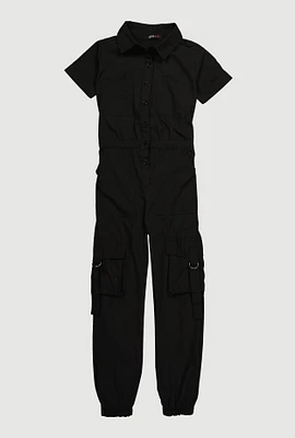 Girls Poplin Pull Tab Utility Jumpsuit, Black, Size 14-16