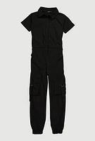 Girls Poplin Pull Tab Utility Jumpsuit, Black, Size 14-16