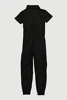 Girls Poplin Pull Tab Utility Jumpsuit, Black, Size 14-16