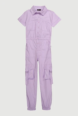 Girls Poplin Pull Tab Utility Jumpsuit, Purple, Size 7-8