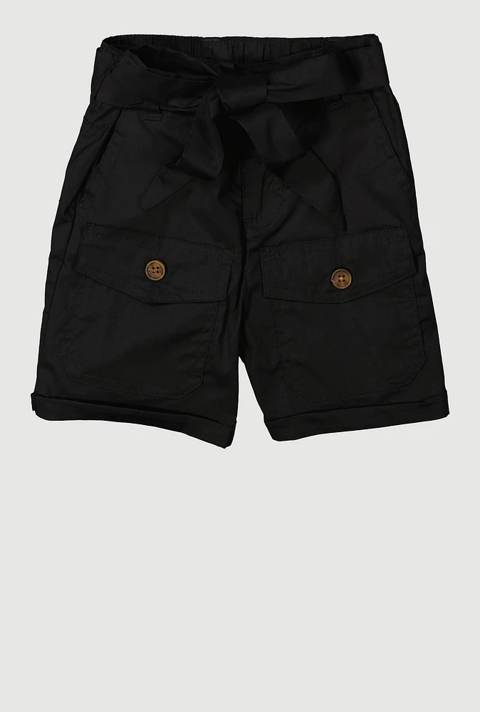 Little Girls Tie Waist Belted Cargo Pocket Shorts, Black, Size 4