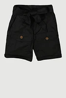 Little Girls Tie Waist Belted Cargo Pocket Shorts, Black, Size 4