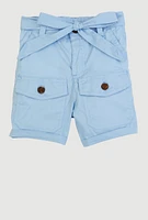 Little Girls Tie Waist Belted Cargo Pocket Shorts, 5