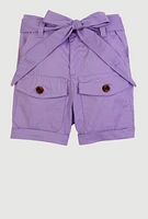Little Girls Tie Waist Belted Cargo Pocket Shorts, Purple, Size 5