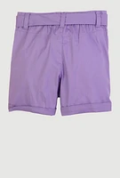 Little Girls Tie Waist Belted Cargo Pocket Shorts, Purple, Size 5