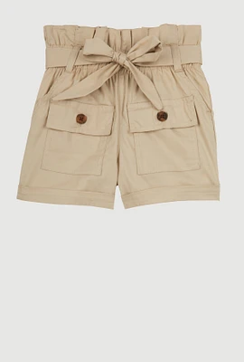 Little Girls Paper Bag Waist Cargo Pocket Shorts, Khaki, Size 5